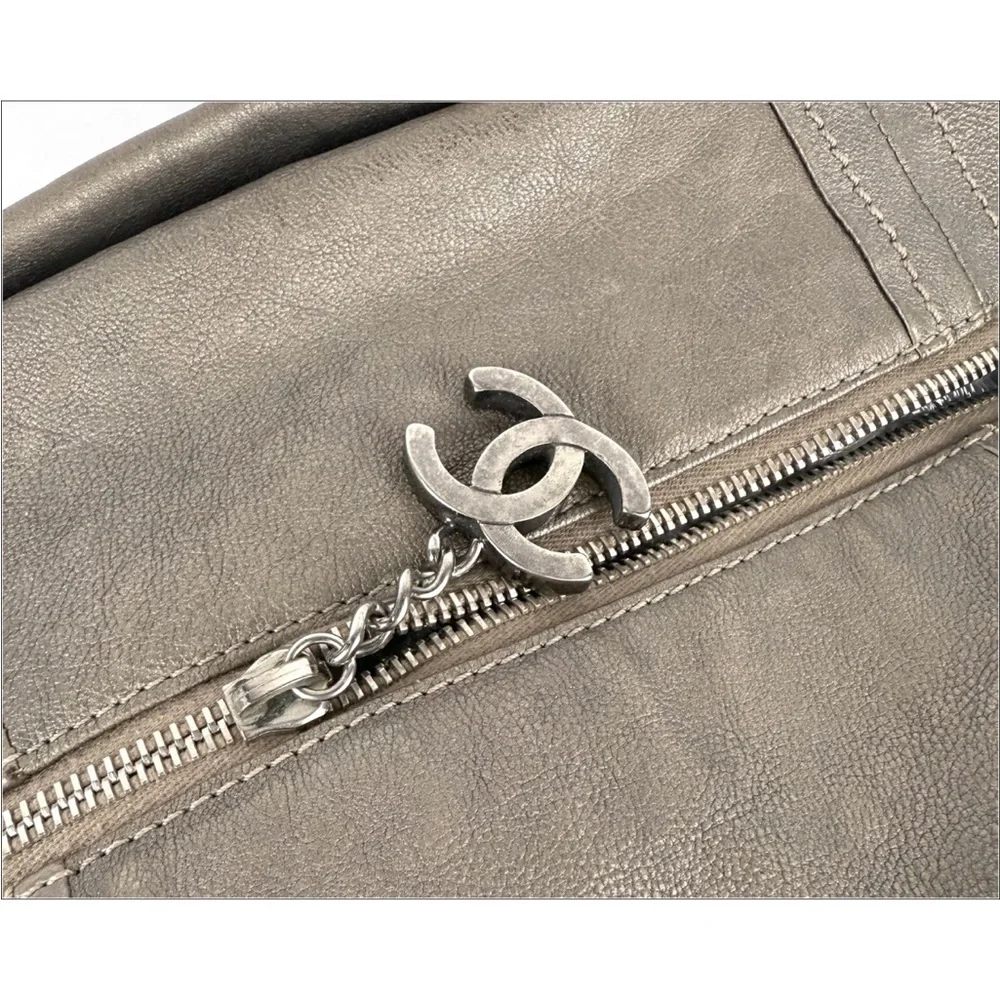 Chanel Metallic Silver Chain-Trim Leather Tote